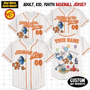 May include: White baseball jerseys with orange pinstripes and accents. Designs include "Father of the Birthday Boy", "Mother of the Birthday Boy", "Birthday Boy", and "Your Name". Each jersey features cartoon fish graphics.