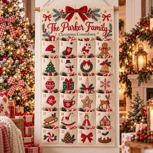 May include: A fabric Christmas countdown wall hanging with a wooden rod and string, featuring the text The Parker Family Christmas Countdown. It has twenty-four numbered pockets, each decorated with festive icons like a stocking, snowman, and reindeer.