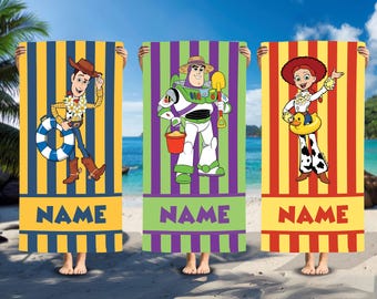 Custom Toy Story Characters Beach Towel,  Bath Towel, Pool Towel, land Gift For Kid, Summer Vacation