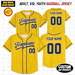 May include: Yellow baseball jerseys with navy blue accents. The jerseys feature the text "Teamname" and the number "00". The text "YOUR NAME" and the number "00" are on the back. The image also includes the text "ADULT, KID, YOUTH BASEBALL JERSEY".