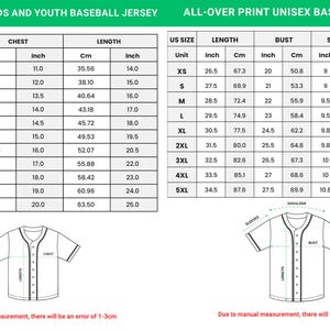 May include: Charts detailing measurements for all-over print baseball jerseys for kids, youth, and unisex sizes. Includes chest, length, sleeve, and shoulder measurements in inches and centimeters. The image also shows jersey outlines.
