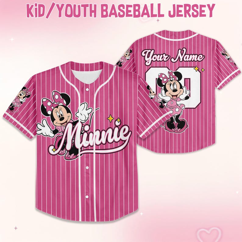 May include: Pink pinstripe youth baseball jersey featuring Minnie Mouse. The jersey has white accents, a button-up front, and the word "Minnie" in script. The back of the jersey has the text "Your Name" and the number "00".
