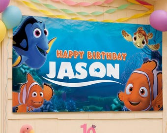 Toile de fond bannière personnalisée Le Monde de Nemo Disney, décoration de toile de fond dessin animé, fête d'anniversaire, décoration Dory