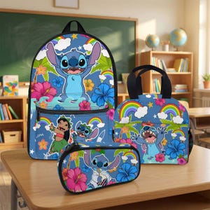 Stitch Backpack, Personalized Blue Alien School Bag Set with Matching Lunch Tote and Pencil Case, Back to School Gift