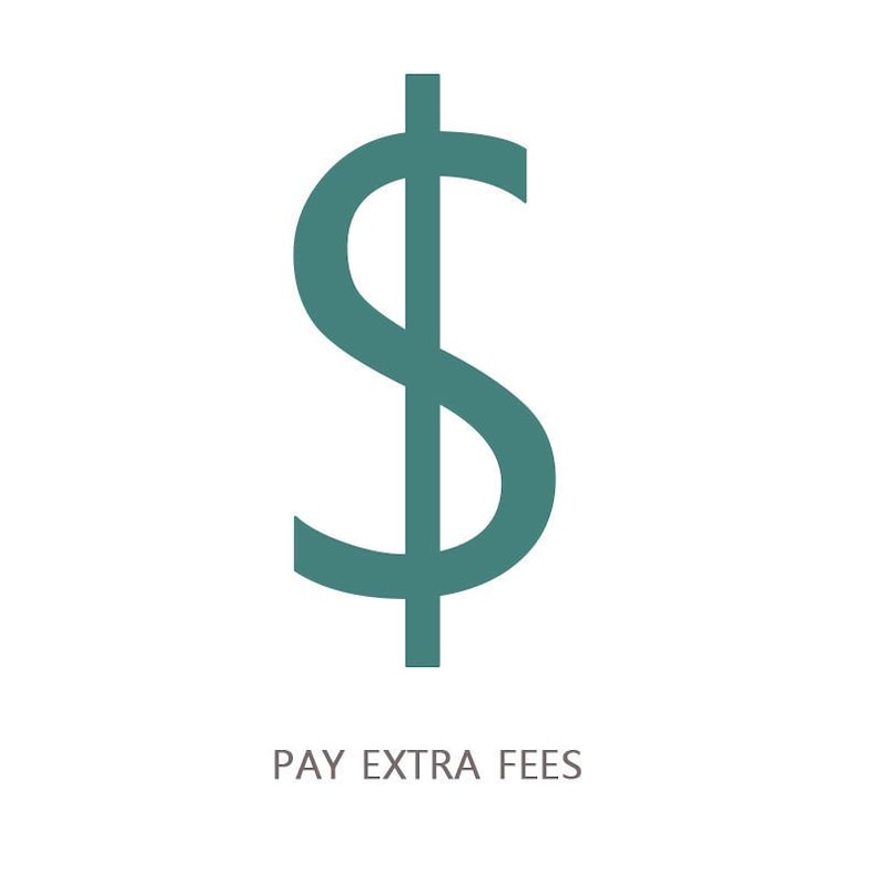 May include: A teal dollar sign icon on a white background. Below the dollar sign, the text reads "PAY EXTRA FEES". The image is a simple graphic, likely used to represent financial transactions or costs.