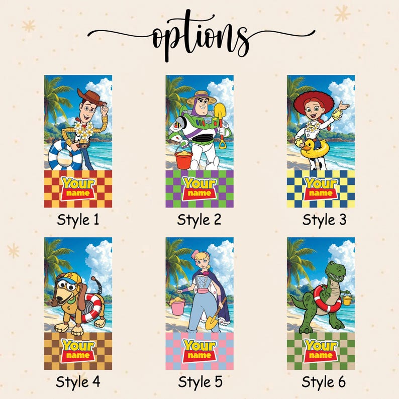 May include: Six rectangular labels featuring Toy Story characters at the beach. Each label displays a character, a beach background, and a checkered box with the text Your name. Styles 1 through 6 show Woody, Buzz Lightyear, Jessie, Slinky Dog, Bo Peep, and Rex.
