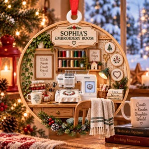 May include: A circular wooden embroidery hoop display featuring a miniature craft room with a Brother sewing machine, spools of thread, a desk, a chair with a throw blanket, and wall art with text including SOPHIA'S EMBROIDERY ROOM and STITCH DREAM CREATE REPEAT.