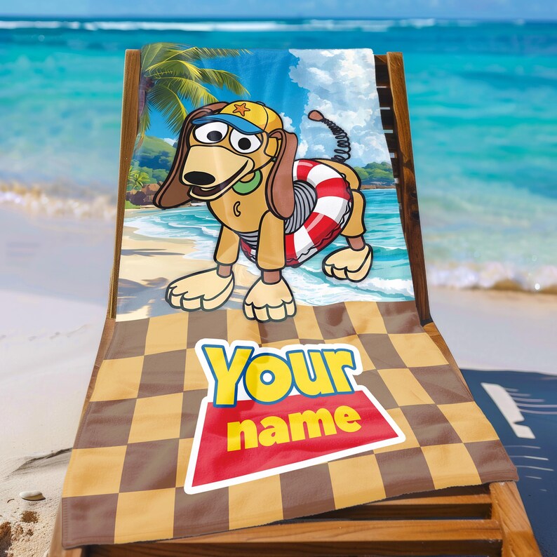 May include: A rectangular beach towel featuring a cartoon dachshund toy wearing a yellow cap and a red and white life preserver, set against a tropical beach background. The lower section has a brown and tan checkerboard pattern with the text Your name.