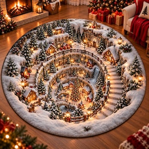 May include: A round area rug featuring a 3D-style illustration of a multi-tiered snowy Christmas village. The design includes stone staircases, illuminated wooden cabins, evergreen trees, a central decorated tree, and a waterfall.