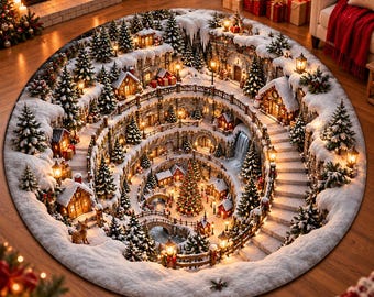 Winter Wonderland 3D Illusion Round Rug, Snowy Christmas Village Spiral Floor Mat, Magical Holiday Village Carpet, Xmas Home Decor