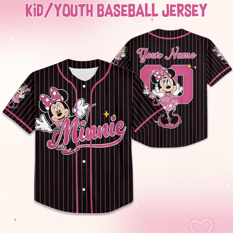 May include: Black and pink pinstripe baseball jersey with a Minnie Mouse graphic. The front features the word "Minnie" in pink script, and the back has a pink number 00 and the words "Your Name". The jersey is labeled "Kid/Youth Baseball Jersey".