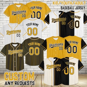 May include: Assorted baseball jerseys in various colors, including gold, black, and white. Each jersey features the text "Yourteams" and the number "00". Some jerseys have the text "YOUR NAME" and the number "00" on the back. The image also includes the text "KID/YOUTH/ADULT BASEBALL JERSEY" and "CUSTOM ANY REQUESTS".