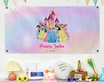 Custom Disney Princesses Banner Backdrop, Disney Princess Backdrop, Birthday Banner, Princess Party Backdrop, Princess Party Decor