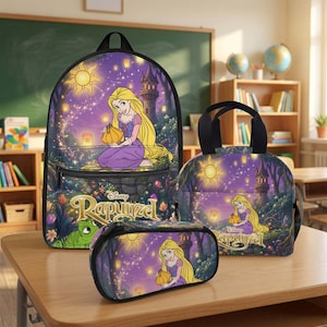 Princess Rapunzel Backpack, Long Hair Princess School Bag Set with Matching Lunch Tote and Pencil Case, Back to School Gift