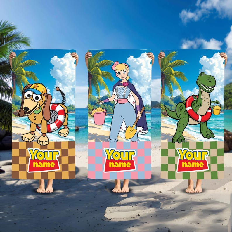 May include: Three rectangular beach towels featuring Toy Story characters: Slinky Dog, Bo Peep, and Rex. Each towel displays a beach scene with palm trees, a checkered pattern at the bottom, and the text "Your name" in a red and yellow logo style.