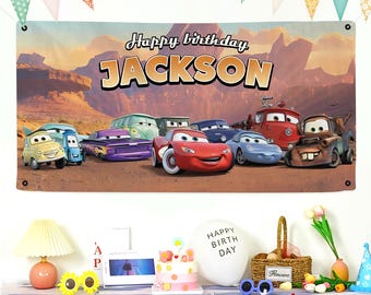 Toile de fond personnalisée film Les voitures de Disney, bannière d'anniversaire de voitures, décoration d'anniversaire de voitures, fête d'anniversaire de voitures, décoration de fête de voitures