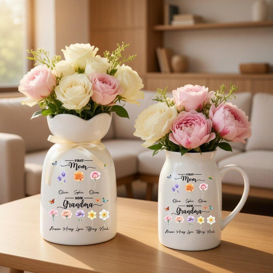 Custom First Mom Now Grandma Gift, Custom Birth Month Flower Vase With ...