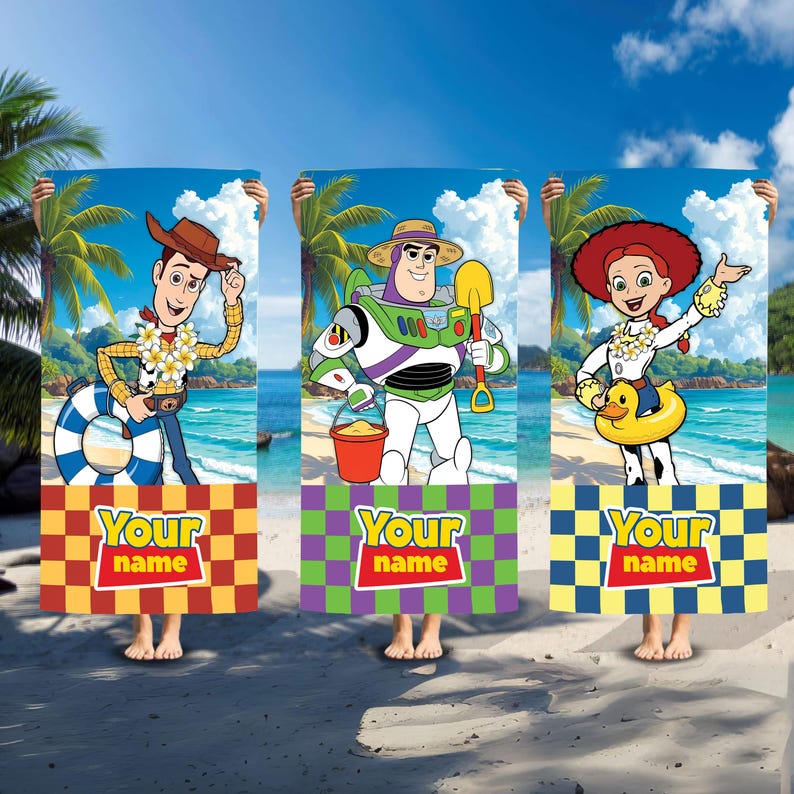 May include: Three rectangular beach towels featuring Toy Story characters Woody, Buzz Lightyear, and Jessie on a tropical beach background. Each towel has a checkered bottom section with the text Your name in a red and yellow logo style.