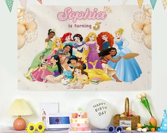 Toile de fond bannière anniversaire princesse Disney personnalisée, toile de fond princesse Disney, bannière anniversaire, toile de fond de fête de princesse, décoration de fête de princesse