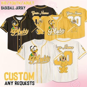 May include: Baseball jerseys in black, yellow, and white with Pluto graphics. The jerseys feature the word "Pluto" and the option to customise with a name and number. The text "KID/YOUTH/ADULT BASEBALL JERSEY" is at the top.