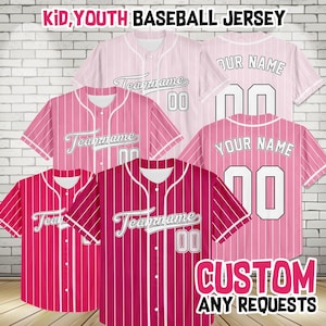 May include: Four pink and white striped baseball jerseys with the text "Teamname" and "Your Name" on them. The jerseys have white numbers on them. The text "CUSTOM ANY REQUESTS" is at the bottom of the image.