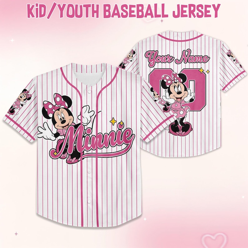 May include: White and pink pinstripe baseball jersey featuring Minnie Mouse. The front displays "Minnie" in pink script, while the back has "Your Name" above a pink number. The jersey is designed for kids and youth.