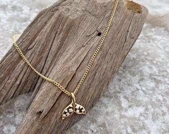 Gold Whale Tail Necklace, 14K Gold Plated CZ Pendant, Minimalist Ocean Jewelry, Beach Lover Gift, Nautical Jewelry for Her