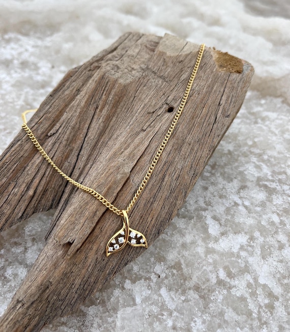 Gold Whale Tail Necklace, 14K Gold Plated CZ Pendant, Minimalist