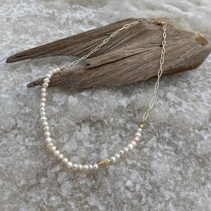 Gold Paperclip Chain & Pearl Necklace, 14K Gold-Plated Freshwater Pearl Jewelry, Minimalist Elegant Layering Necklace, Beach Wedding Jewelry
