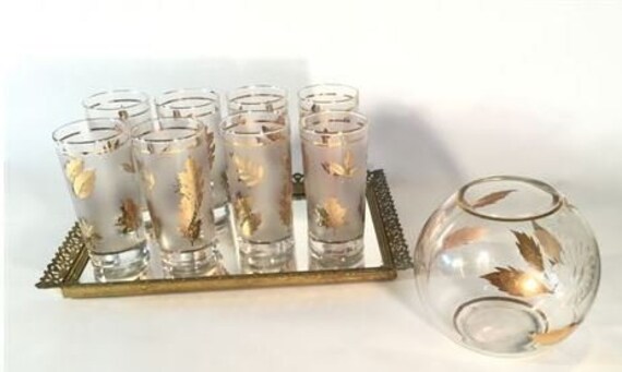 Mid Century Libby Frosted Gold Glass Set With Mirrored Tray Mid Century Libby Frosted Gold Glass