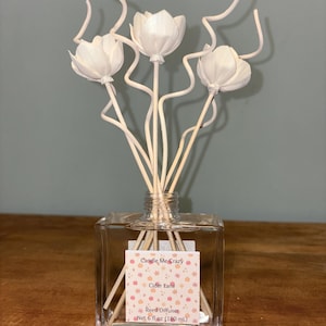 May include: A clear square glass reed diffuser bottle with three white flower-shaped reeds. The label reads Candle Me Crazy, Cider Lane, Reed Diffuser, Net 6 fl oz (180 mL) with a pattern of small orange and pink autumn leaves and pumpkins.