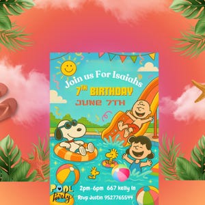 Inviti di compleanno modificabili per la festa in piscina di Snoopy