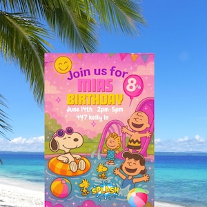 Inviti di compleanno modificabili per la festa a tema Snoopy Splash