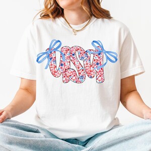 Comfort Colors® Coquette USA Shirt, 4th of July Shirt Women, Stars Stripes USA Flag T-Shirts, Floral Patriotic Shirt, Red White Blue Tee