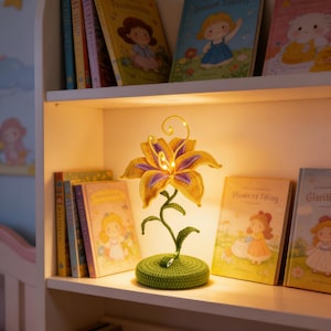 Puede incluir: Lámpara de lirio de ganchillo con pétalos amarillos y morados, tallo y base verdes, iluminando una estantería con libros infantiles. La lámpara es una pieza decorativa que añade un brillo cálido a la habitación.