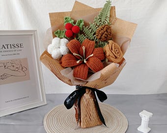 Ramo de invierno de crochet hecho a mano: rosas, lirios y plantas botánicas
