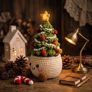 Può includere: Un albero di Natale all'uncinetto con fogliame verde, ornamenti rossi e ghirlanda bianca, sormontato da una stella gialla luminosa. L'albero è in un vaso rotondo all'uncinetto color crema con un viso sorridente ricamato e guance rosa.