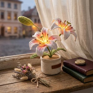 May include: A crocheted lily plant in a small, round, beige woven pot with an integrated light source glowing from the center of the petals. The plant features white and pink petals, green stems, and a green bud, accompanied by a small dried flower bouquet.