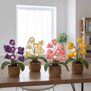 May include: Four crochet flower arrangements in purple, cream, pink, and yellow, each with a glowing center. The flowers are in brown woven pots with green leaves, set on a wooden table. The background includes a window and a bookshelf.