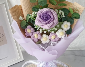 Handmade Crochet Flower Bouquet, Tulip Rose, Anniversary Gift