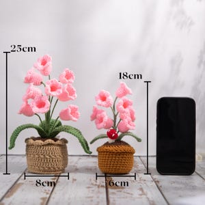 May include: Two crochet flower arrangements. The larger arrangement is 25cm tall and 8cm wide, featuring pink bell-shaped flowers in a tan pot. The smaller arrangement is 18cm tall and 6cm wide, with a red mushroom accent.