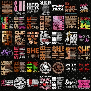 Pode incluir: Uma coleção de designs gráficos com mensagens de empoderamento para mulheres. Os designs apresentam frases como "She is me", "Confident" e "Beautiful", em várias fontes e cores. O tema geral é o amor-próprio e a força.