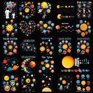 May include: A collection of colorful solar system illustrations on a black background. The designs include planets, the sun, astronauts, and text such as "Solar System" and "Dwarf Planets". Some designs feature a smiling sun and planets.