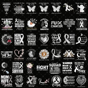 Puede incluir: Una colección de diseños gráficos en blanco y negro con texto y símbolos relacionados con la concienciación sobre el cáncer de pulmón. Los diseños incluyen cintas, flores, mariposas y frases como "Soy un guerrero" y "Lucha contra el cáncer".