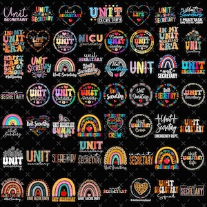 Può includere: Una collezione di grafiche colorate con le parole "Unit Secretary" in vari font e stili. I disegni includono arcobaleni, cuori e cerchi, con testo come "In My Unit Era" e "Emergency Dept."