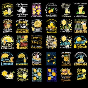 Può includere: Una collezione di grafiche con limoni, limonata e la frase "Life Gave Me Some Lemons But My Jesus He Be Makin' Lemonade." I disegni includono limoni, brocche e la parola "Jesus."