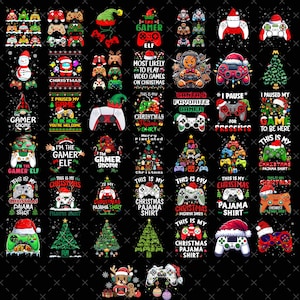 May include: A collection of Christmas-themed designs featuring video game controllers, Christmas trees, and festive characters like elves and gnomes. Text includes phrases like "Christmas Pajama Shirt" and "Santa's Favorite Gamer."