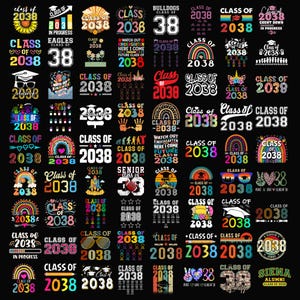 Puede incluir: Una colección de diseños gráficos coloridos con el texto "Class of 2038" en varios estilos. Los diseños incluyen arcoíris, gafas de sol, gorras de graduación y otros elementos festivos, todo sobre un fondo negro.