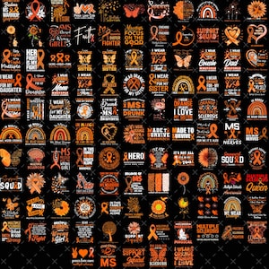 May include: A collection of orange ribbon designs with text, including phrases like "I wear orange," "Support Squad," and "Multiple Sclerosis." The designs feature butterflies, flowers, and awareness messages on a black background.