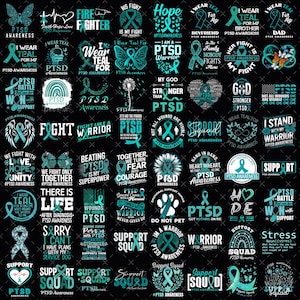 Puede incluir: Una colección de diseños gráficos en color turquesa y blanco sobre un fondo negro, que promueven la concienciación sobre el TEPT. Los diseños incluyen cintas, mariposas, corazones y texto como "Warrior" y "Support Squad."